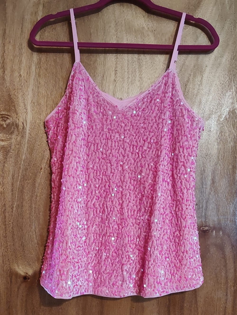 NWOT Crushed Velvet Sequined Camisole Pink Lined Adjustable Spaghetti Straps Med